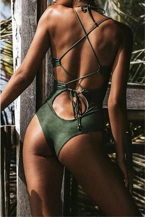 Beach Solid-color Lace-up Backless One-piece Swimsuit