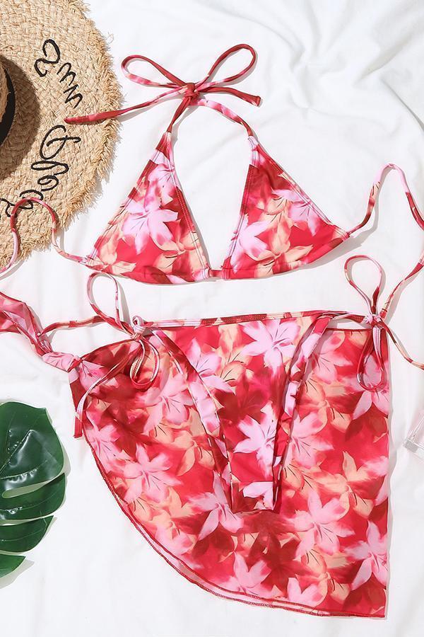 Lace Print Bikini Suit Three-piece Swimsuit