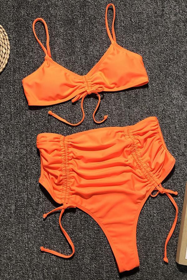 Lace Plain Bikini High-waist Two-piece Swimsuit