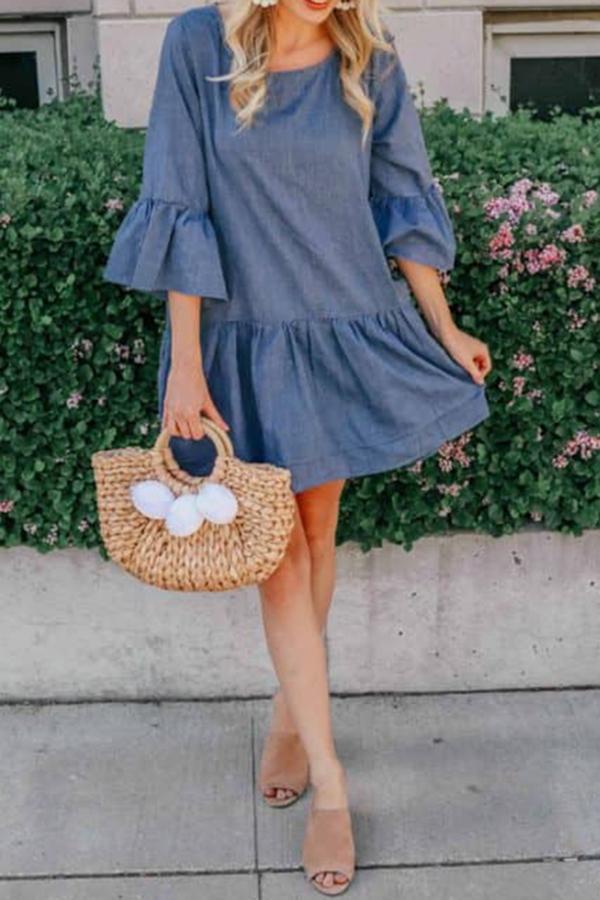 Loose Denim Round-neck Pleated Flared-sleeve Dress