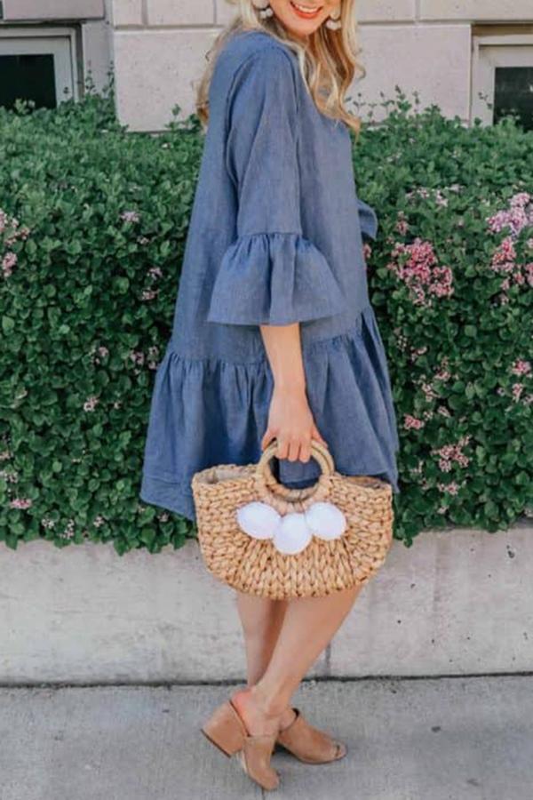 Loose Denim Round-neck Pleated Flared-sleeve Dress