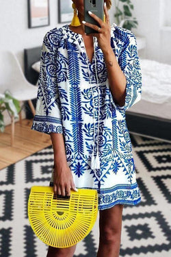 Retro New Blue Ethnic Half-sleeve Dress