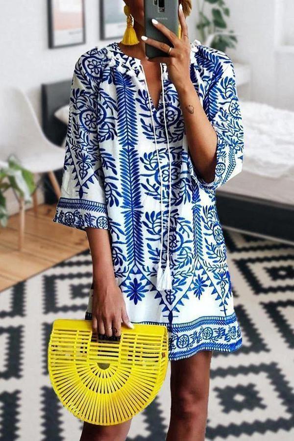 Retro New Blue Ethnic Half-sleeve Dress