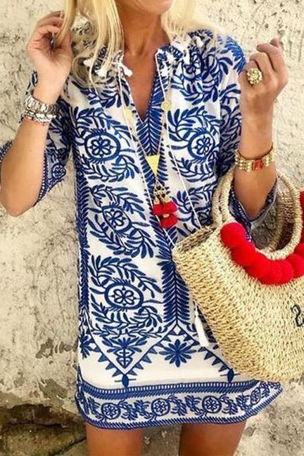 Retro New Blue Ethnic Half-sleeve Dress