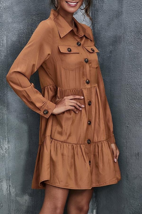 Fashion Simple Double-pockets Buttoned Shirt Dress