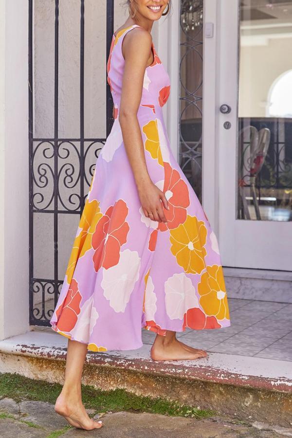 Smart Big Flower Print Sleeveless Beach Dress