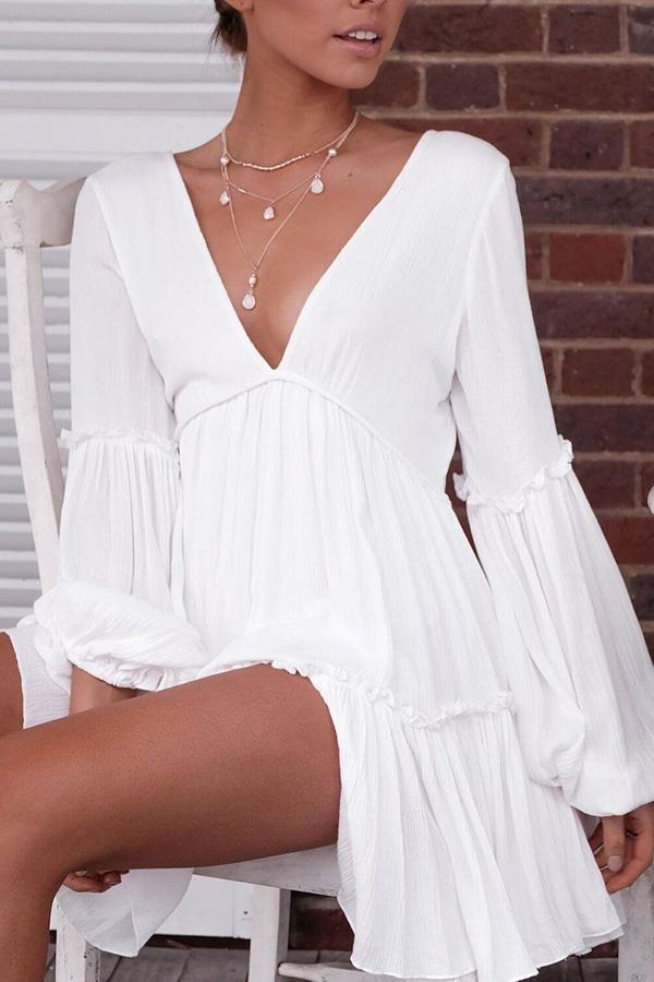 Stylish Trendy Backless Lantern Sleeves Deep V Neck Dress