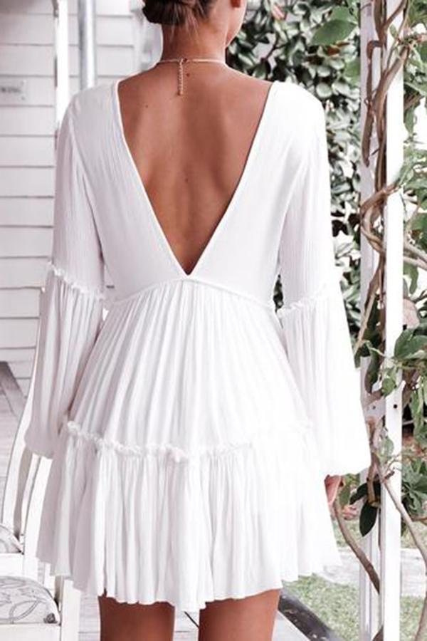 Stylish Trendy Backless Lantern Sleeves Deep V Neck Dress