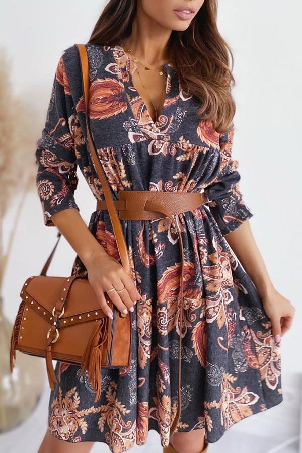 Elegant Abstract Print V Neck Belt Dress