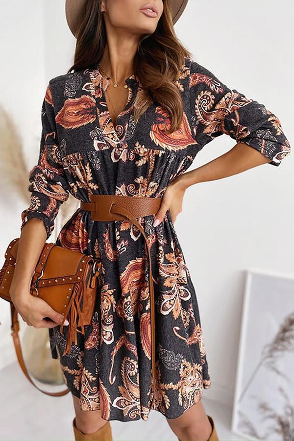 Elegant Abstract Print V Neck Belt Dress