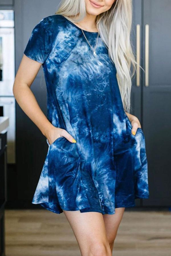 Trendy Tie-dye Pockets Round-neck Dress