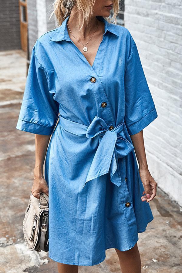 Glamorous Elegant Solid Color Belt V Neck Denim Dress