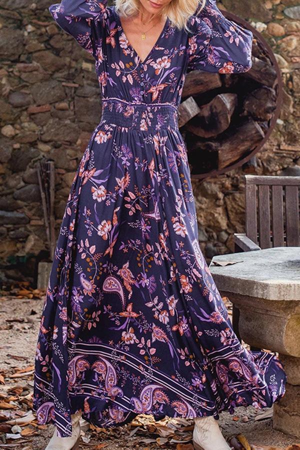 Charming Temperament Floral Print V Neck Maxi Dress