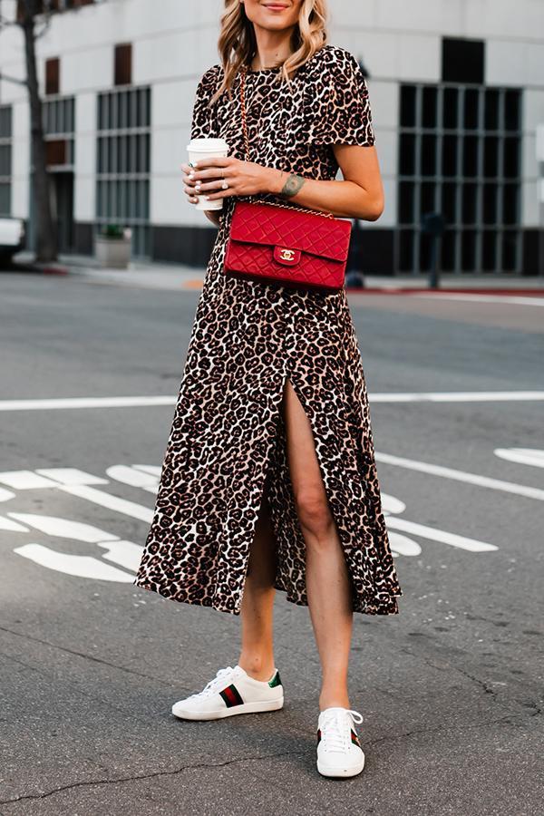 Retro Stylish Leopard Print Fork Opening Dress