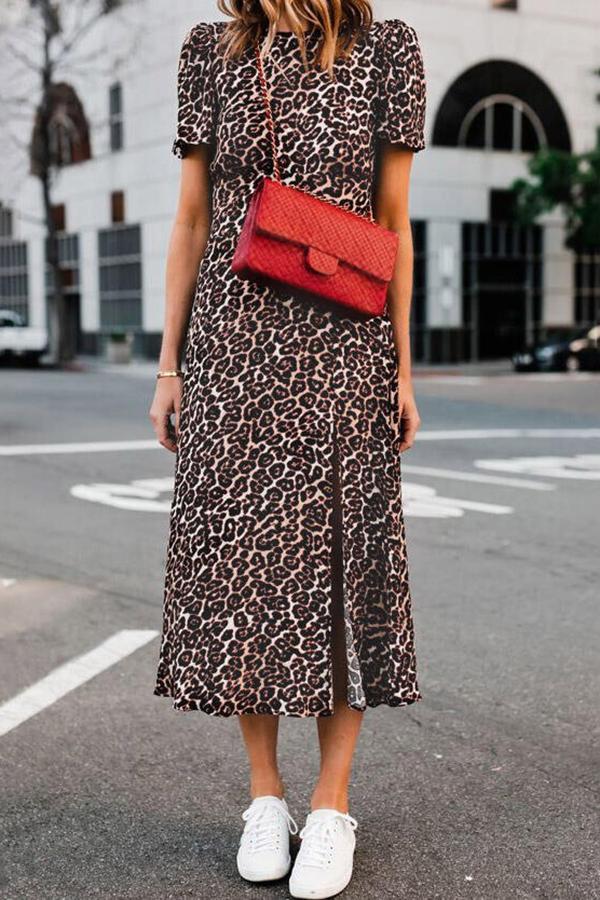 Retro Stylish Leopard Print Fork Opening Dress