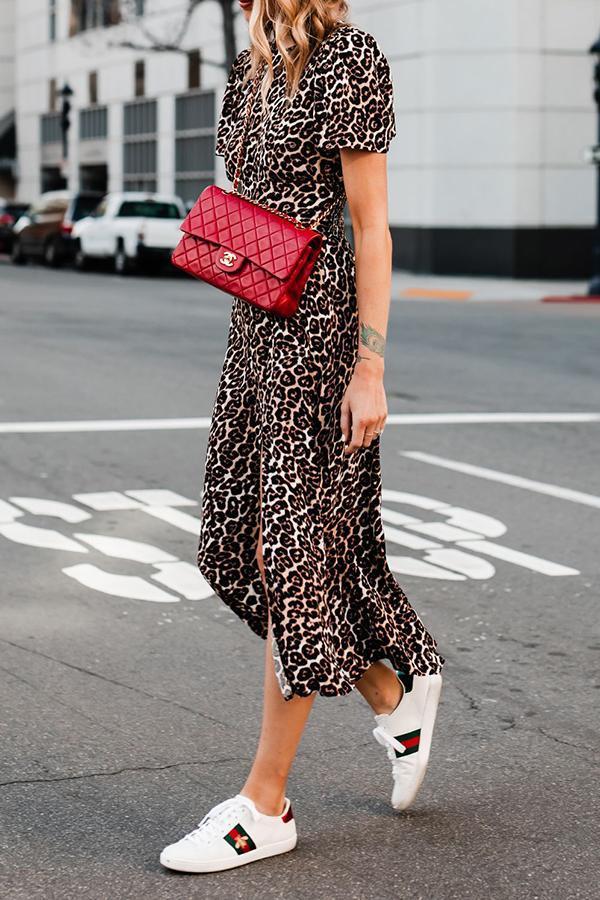 Retro Stylish Leopard Print Fork Opening Dress