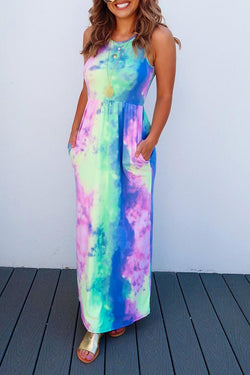 Colorful Halter Pockets Tie Dye Dress