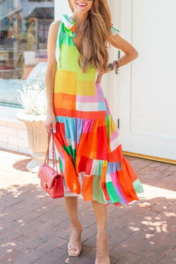 Trendy Colorful V-neck Simple Strapped Dress