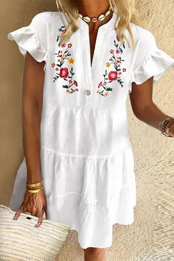 Ethnic White Ruffled Short-sleeved Loose Dress