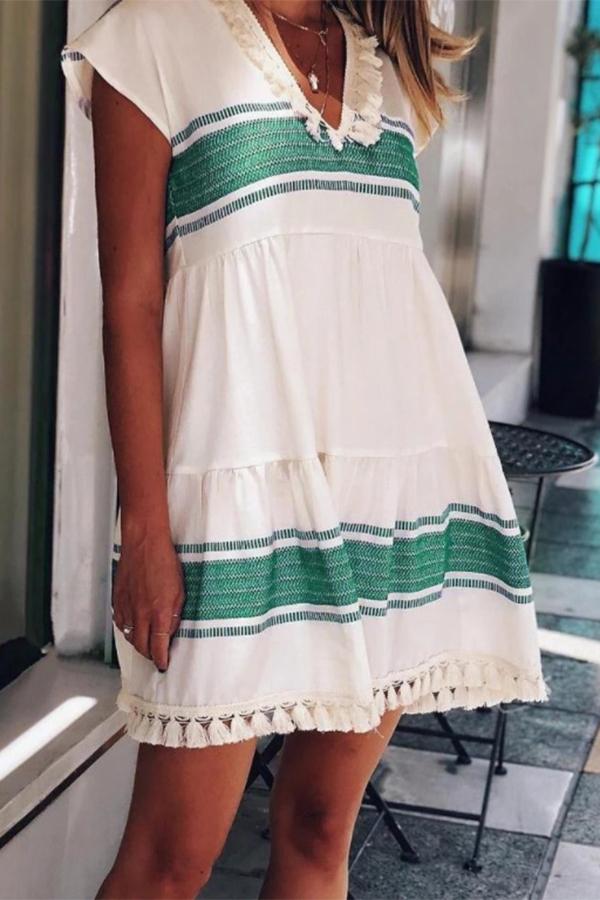 Fresh Tassel Splicing Green Mini Dress