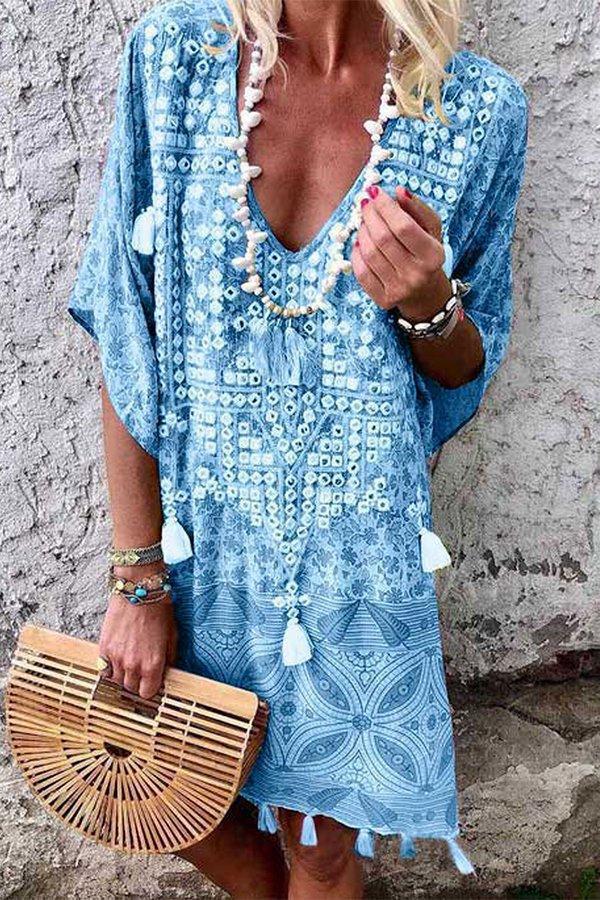 Stylish Bohemia Tassels Deep V Neck Dress