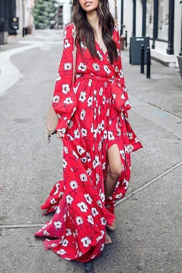 Elegant Fork Opening Flower Print Dress