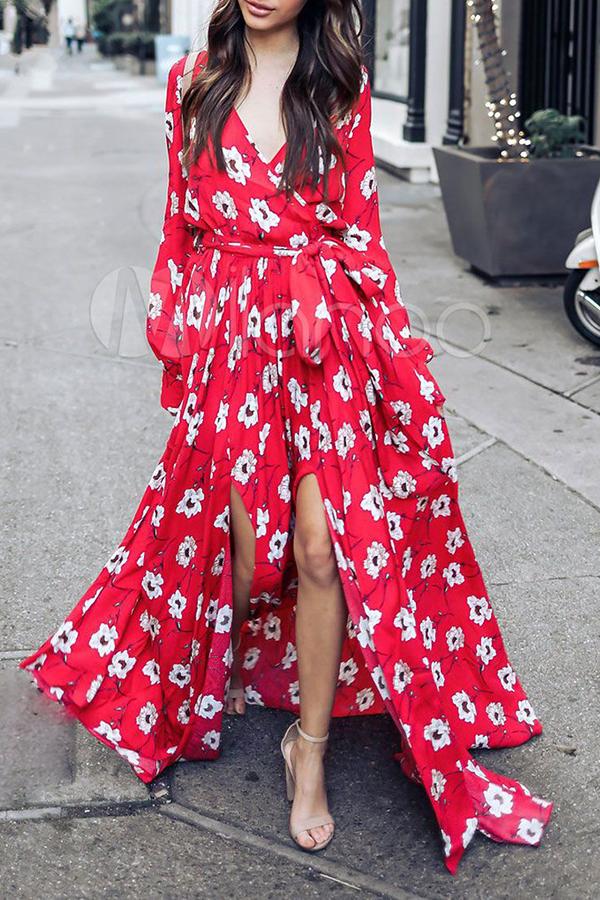 Elegant Fork Opening Flower Print Dress