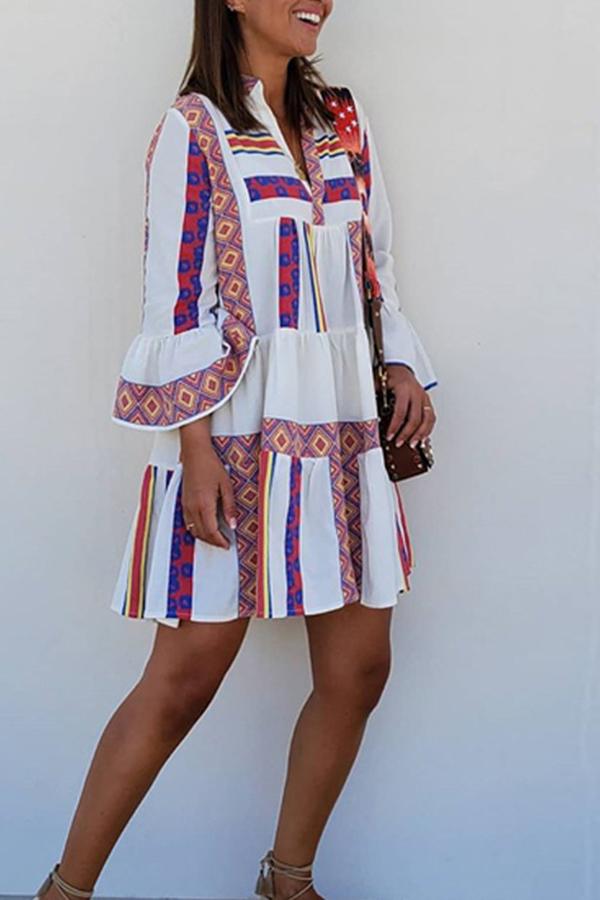 Princess Geometric Print Lantern Sleeves Dress