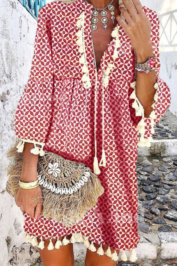 Irregular Geometric Print Flounce Sleeves Dress