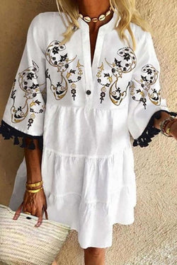 Casual White Retro Fringed Mid-sleeved Dress