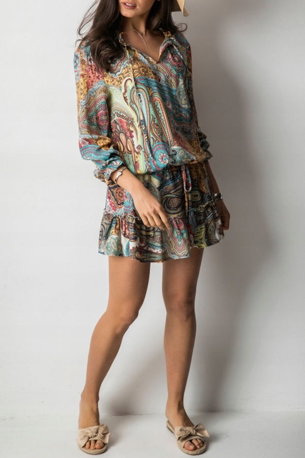 Folk-custom Abstract Print Lacing Dress