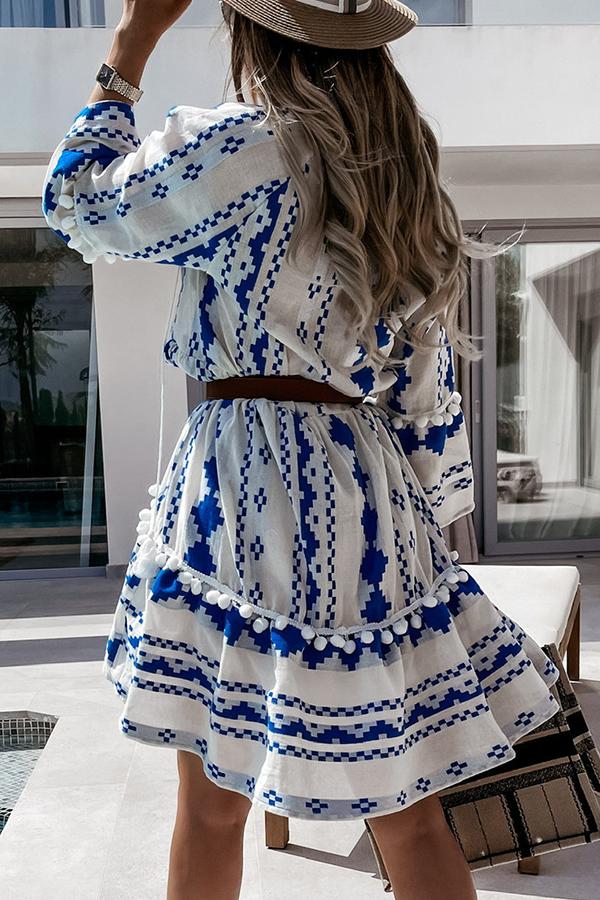 Pretty Geometric Print Tassels Stitching Dress