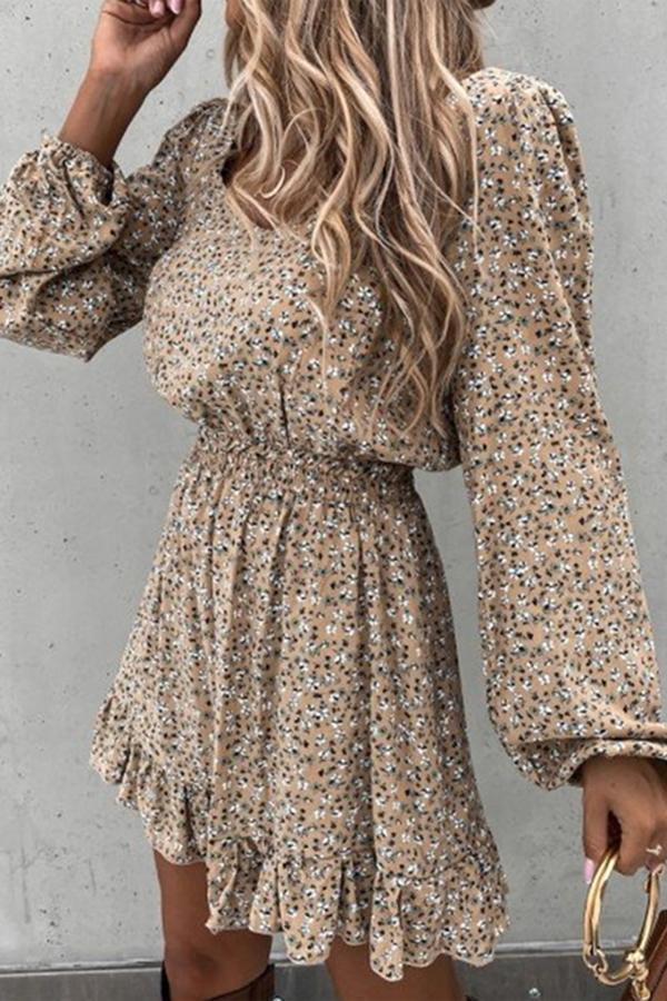 Long Sleeve Elastic Waist Ruffle Print Dress