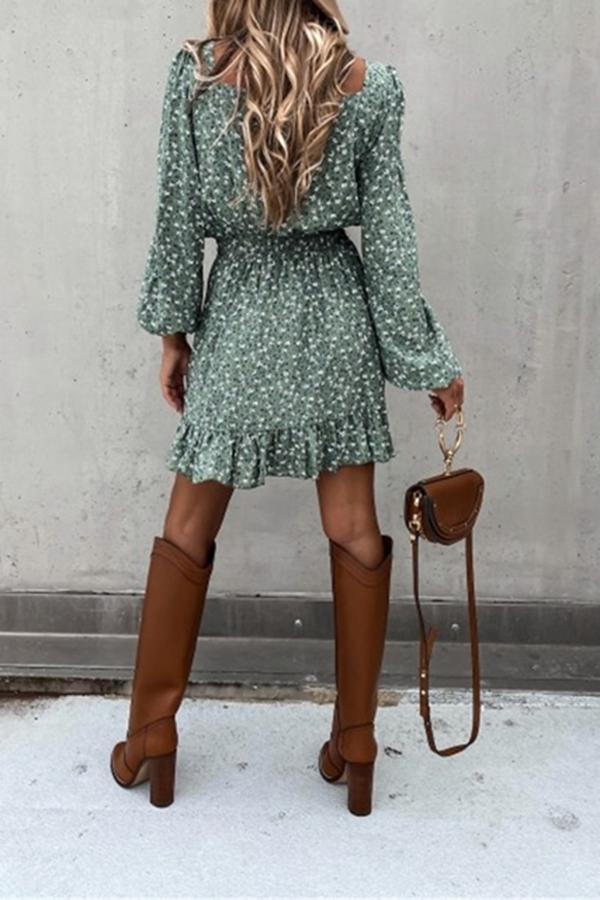 Long Sleeve Elastic Waist Ruffle Print Dress