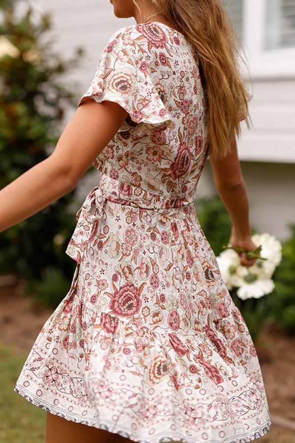 Bohemian Print Skirt With Short Sleeves Tie