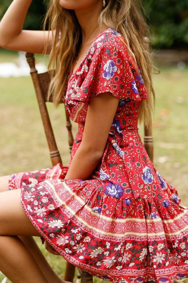 Bohemian Print Skirt With Short Sleeves Tie