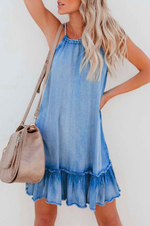 Open Back Denim Halterneck Pleated Dress