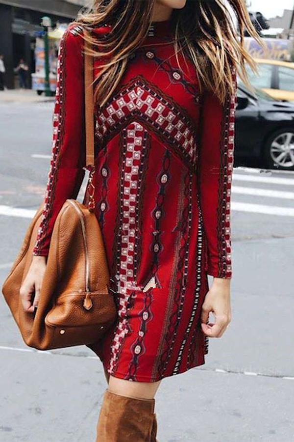 Printed Long Sleeve Round Neck A-line Dress