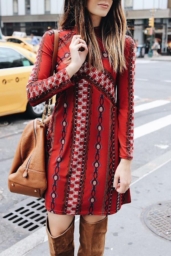 Printed Long Sleeve Round Neck A-line Dress