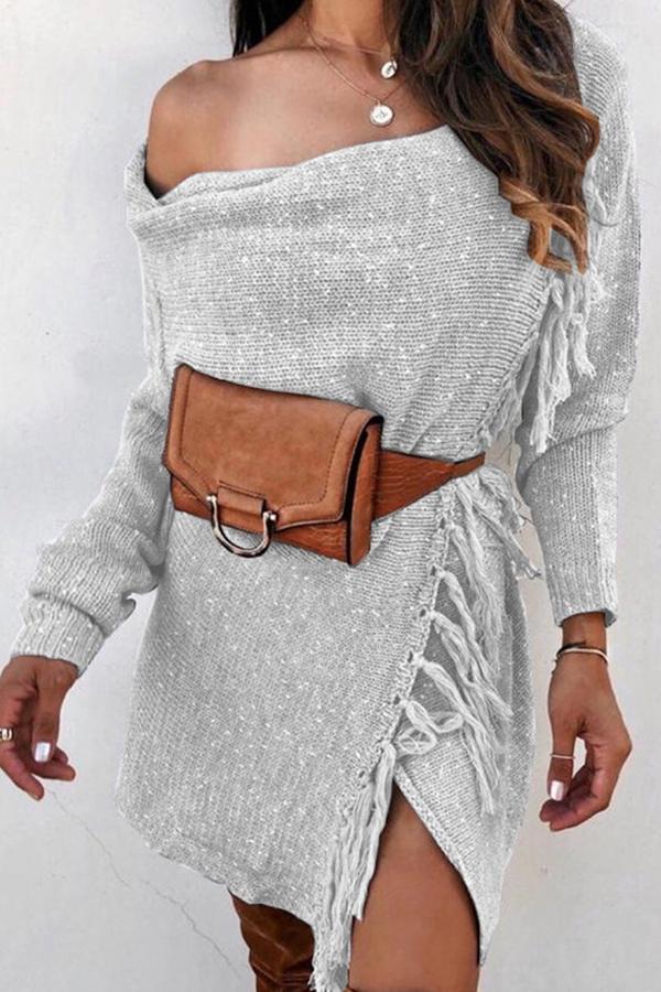 Fashion Strapless Knitted Tassel Sweater Dress