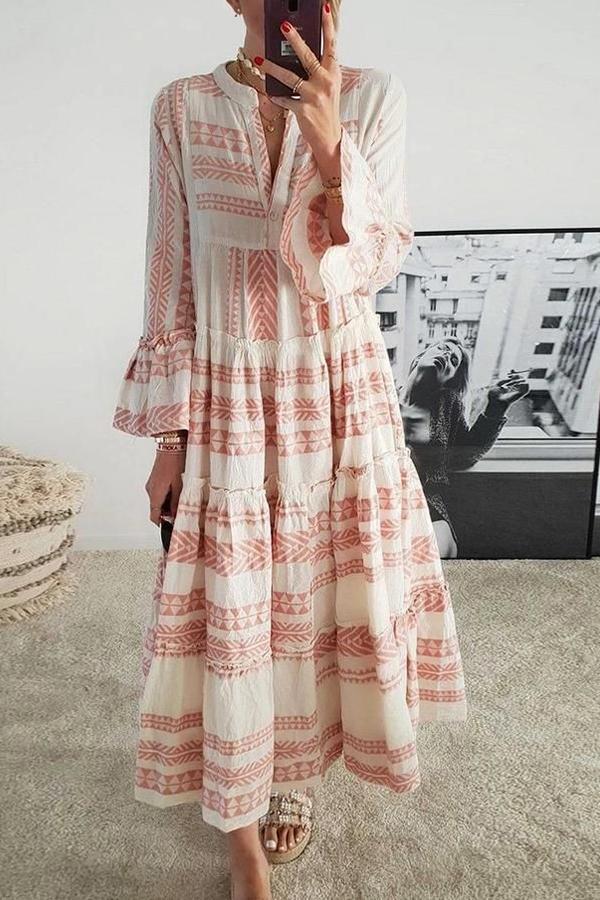 Geometric Print V-neck Long Skirt Beach Dress