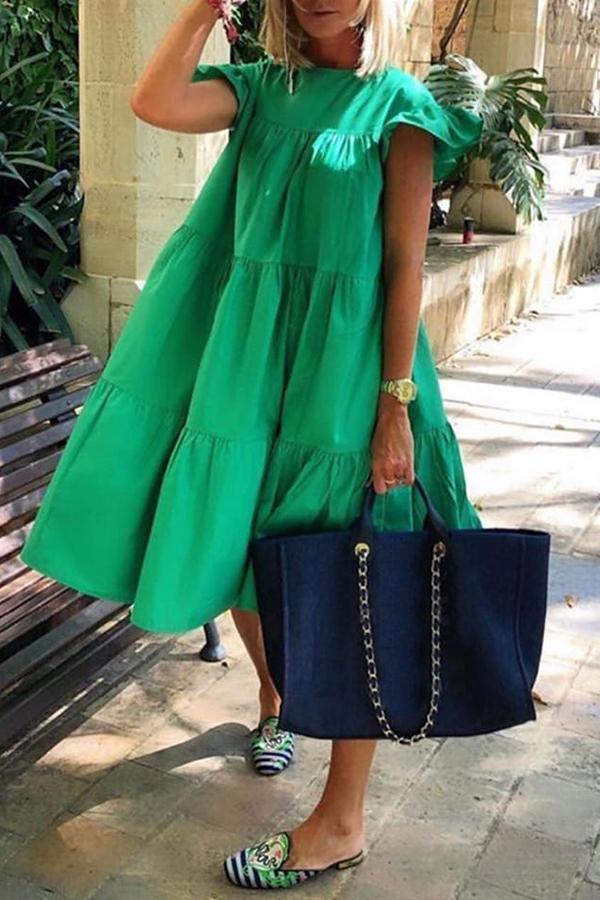 Loose Solid Color Pleated Short Sleeve Dress