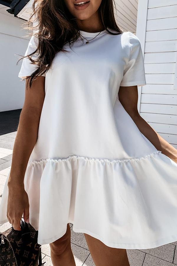 Solid Color Short Sleeve Loose Ruffle Dress