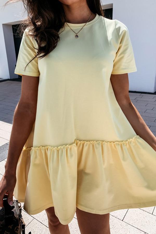 Solid Color Short Sleeve Loose Ruffle Dress