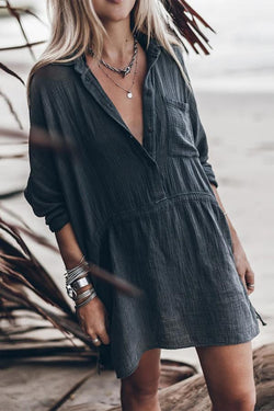 Casual Loose Cotton And Linen V-neck Dress