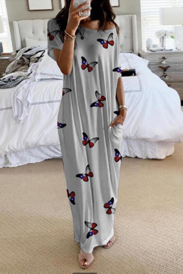 Butterfly Print Short Sleeve Long Dress