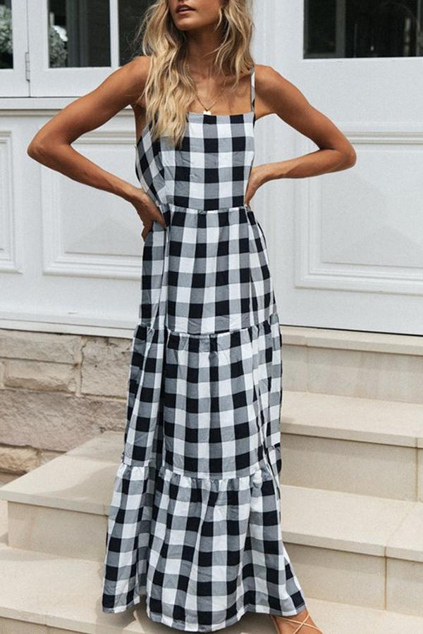 Fashion Plaid Sling Halter Dress