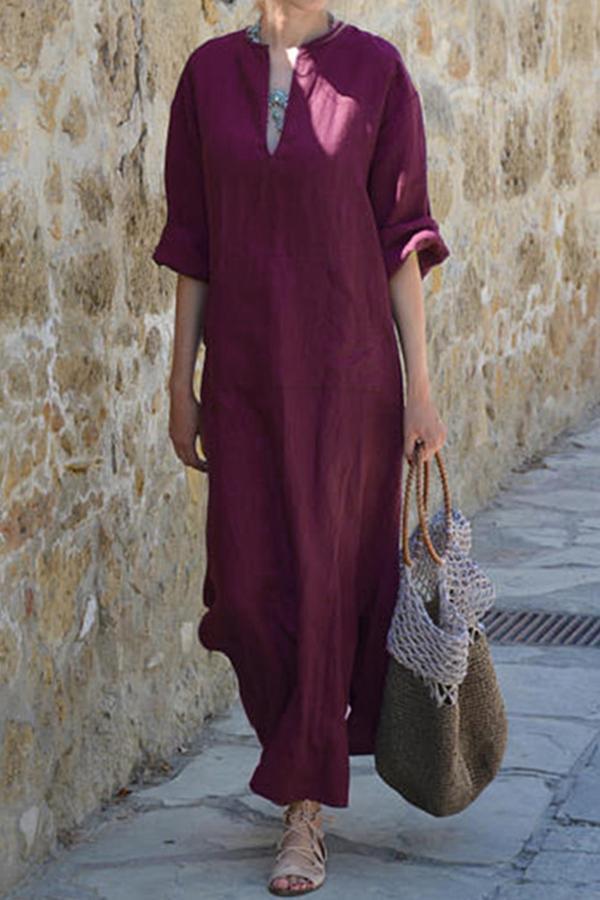 Loose V-neck Sleeve Slit Dress