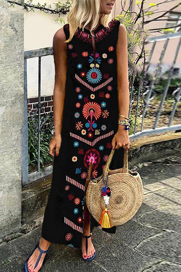 National Embroidered Sleeveless Long Dress