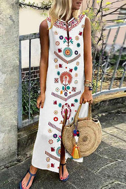 National Embroidered Sleeveless Long Dress